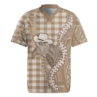 Beige Hawaii Palaka Cowboy Turtle Rugby Jersey Hawaiian Paniolo Puakenikeni Maile Lei - Polynesian Pride