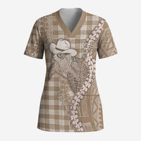 Beige Hawaii Palaka Cowboy Turtle Scrub Top Hawaiian Paniolo Puakenikeni Maile Lei - Polynesian Pride