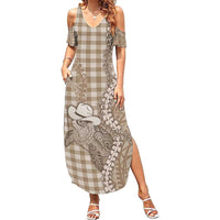 Beige Hawaii Palaka Cowboy Turtle Summer Maxi Dress Hawaiian Paniolo Puakenikeni Maile Lei DT05 Women Beige - Polynesian Pride