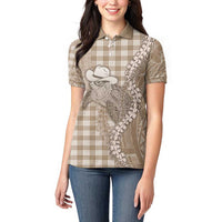 Beige Hawaii Palaka Cowboy Turtle Women Polo Shirt Hawaiian Paniolo Puakenikeni Maile Lei DT05 - Polynesian Pride