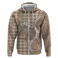 Beige Hawaii Palaka Cowboy Turtle Zip Hoodie Hawaiian Paniolo Puakenikeni Maile Lei - Polynesian Pride