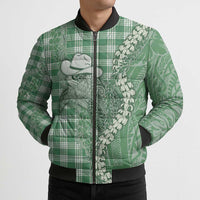 Green Hawaii Palaka Cowboy Turtle Bomber Puffer Jacket Hawaiian Paniolo Puakenikeni Maile Lei - Polynesian Pride