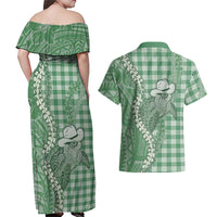 Green Hawaii Palaka Cowboy Turtle Couples Matching Off Shoulder Maxi Dress and Hawaiian Shirt Hawaiian Paniolo Puakenikeni Maile Lei DT05 - Polynesian Pride
