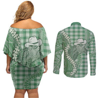 Green Hawaii Palaka Cowboy Turtle Couples Matching Off Shoulder Short Dress and Long Sleeve Button Shirt Hawaiian Paniolo Puakenikeni Maile Lei - Polynesian Pride