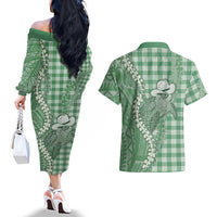 Green Hawaii Palaka Cowboy Turtle Couples Matching Off The Shoulder Long Sleeve Dress and Hawaiian Shirt Hawaiian Paniolo Puakenikeni Maile Lei DT05 - Polynesian Pride