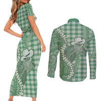Green Hawaii Palaka Cowboy Turtle Couples Matching Short Sleeve Bodycon Dress and Long Sleeve Button Shirt Hawaiian Paniolo Puakenikeni Maile Lei - Polynesian Pride
