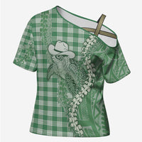 Green Hawaii Palaka Cowboy Turtle Cross Shoulder Shirt Hawaiian Paniolo Puakenikeni Maile Lei - Polynesian Pride