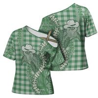 Green Hawaii Palaka Cowboy Turtle Cross Shoulder Shirt Hawaiian Paniolo Puakenikeni Maile Lei - Polynesian Pride