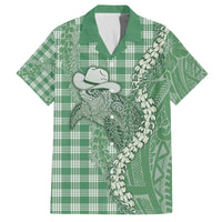 Green Hawaii Palaka Cowboy Turtle Family Matching Off The Shoulder Long Sleeve Dress and Hawaiian Shirt Hawaiian Paniolo Puakenikeni Maile Lei - Polynesian Pride