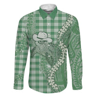 Green Hawaii Palaka Cowboy Turtle Family Matching Off The Shoulder Long Sleeve Dress and Hawaiian Shirt Hawaiian Paniolo Puakenikeni Maile Lei DT05 Dad's Shirt - Long Sleeve Green - Polynesian Pride