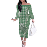 Green Hawaii Palaka Cowboy Turtle Family Matching Off The Shoulder Long Sleeve Dress and Hawaiian Shirt Hawaiian Paniolo Puakenikeni Maile Lei - Polynesian Pride