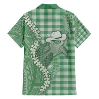 Green Hawaii Palaka Cowboy Turtle Family Matching Off Shoulder Short Dress and Hawaiian Shirt Hawaiian Paniolo Puakenikeni Maile Lei - Polynesian Pride