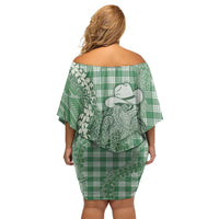 Green Hawaii Palaka Cowboy Turtle Family Matching Off Shoulder Short Dress and Hawaiian Shirt Hawaiian Paniolo Puakenikeni Maile Lei DT05 - Polynesian Pride