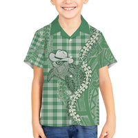 Green Hawaii Palaka Cowboy Turtle Family Matching Off Shoulder Short Dress and Hawaiian Shirt Hawaiian Paniolo Puakenikeni Maile Lei DT05 Son's Shirt Green - Polynesian Pride