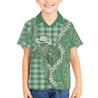 Green Hawaii Palaka Cowboy Turtle Family Matching Puletasi and Hawaiian Shirt Hawaiian Paniolo Puakenikeni Maile Lei DT05 Son's Shirt Green - Polynesian Pride