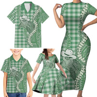 Green Hawaii Palaka Cowboy Turtle Family Matching Short Sleeve Bodycon Dress and Hawaiian Shirt Hawaiian Paniolo Puakenikeni Maile Lei DT05 - Polynesian Pride