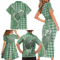 Green Hawaii Palaka Cowboy Turtle Family Matching Short Sleeve Bodycon Dress and Hawaiian Shirt Hawaiian Paniolo Puakenikeni Maile Lei DT05 - Polynesian Pride