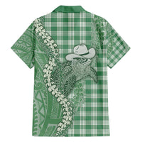 Green Hawaii Palaka Cowboy Turtle Family Matching Short Sleeve Bodycon Dress and Hawaiian Shirt Hawaiian Paniolo Puakenikeni Maile Lei - Polynesian Pride