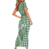 Green Hawaii Palaka Cowboy Turtle Family Matching Short Sleeve Bodycon Dress and Hawaiian Shirt Hawaiian Paniolo Puakenikeni Maile Lei DT05 - Polynesian Pride