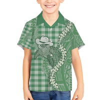 Green Hawaii Palaka Cowboy Turtle Family Matching Short Sleeve Bodycon Dress and Hawaiian Shirt Hawaiian Paniolo Puakenikeni Maile Lei - Polynesian Pride