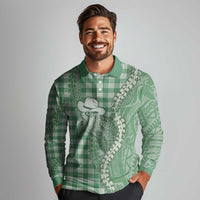Green Hawaii Palaka Cowboy Turtle Long Sleeve Polo Shirt Hawaiian Paniolo Puakenikeni Maile Lei - Polynesian Pride