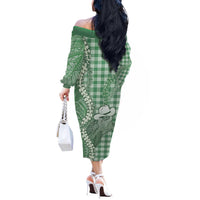 Green Hawaii Palaka Cowboy Turtle Off The Shoulder Long Sleeve Dress Hawaiian Paniolo Puakenikeni Maile Lei - Polynesian Pride