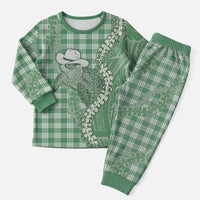 Green Hawaii Palaka Cowboy Turtle Christmas Pajama Set Hawaiian Paniolo Puakenikeni Maile Lei - Polynesian Pride