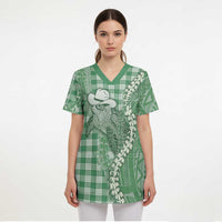 Green Hawaii Palaka Cowboy Turtle Scrub Top Hawaiian Paniolo Puakenikeni Maile Lei - Polynesian Pride