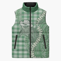 Green Hawaii Palaka Cowboy Turtle Sleeveless Puffer Jacket Hawaiian Paniolo Puakenikeni Maile Lei - Polynesian Pride