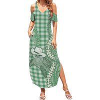 Green Hawaii Palaka Cowboy Turtle Summer Maxi Dress Hawaiian Paniolo Puakenikeni Maile Lei - Polynesian Pride