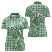 Green Hawaii Palaka Cowboy Turtle Women Polo Shirt Hawaiian Paniolo Puakenikeni Maile Lei DT05 - Polynesian Pride