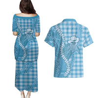 Blue Hawaii Palaka Cowboy Turtle Couples Matching Puletasi and Hawaiian Shirt Hawaiian Paniolo Puakenikeni Maile Lei - Polynesian Pride