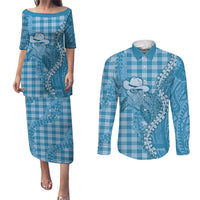 Blue Hawaii Palaka Cowboy Turtle Couples Matching Puletasi and Long Sleeve Button Shirt Hawaiian Paniolo Puakenikeni Maile Lei DT05 Blue - Polynesian Pride