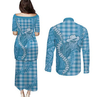 Blue Hawaii Palaka Cowboy Turtle Couples Matching Puletasi and Long Sleeve Button Shirt Hawaiian Paniolo Puakenikeni Maile Lei DT05 - Polynesian Pride