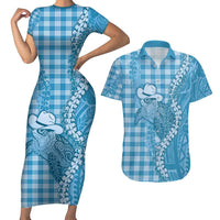 Blue Hawaii Palaka Cowboy Turtle Couples Matching Short Sleeve Bodycon Dress and Hawaiian Shirt Hawaiian Paniolo Puakenikeni Maile Lei - Polynesian Pride