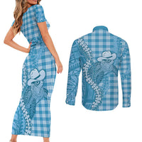 Blue Hawaii Palaka Cowboy Turtle Couples Matching Short Sleeve Bodycon Dress and Long Sleeve Button Shirt Hawaiian Paniolo Puakenikeni Maile Lei - Polynesian Pride