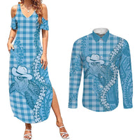 Blue Hawaii Palaka Cowboy Turtle Couples Matching Summer Maxi Dress and Long Sleeve Button Shirt Hawaiian Paniolo Puakenikeni Maile Lei - Polynesian Pride