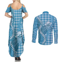 Blue Hawaii Palaka Cowboy Turtle Couples Matching Summer Maxi Dress and Long Sleeve Button Shirt Hawaiian Paniolo Puakenikeni Maile Lei - Polynesian Pride