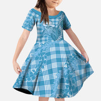 Blue Hawaii Palaka Cowboy Turtle Family Matching Off The Shoulder Long Sleeve Dress and Hawaiian Shirt Hawaiian Paniolo Puakenikeni Maile Lei DT05 Daughter's Dress Blue - Polynesian Pride