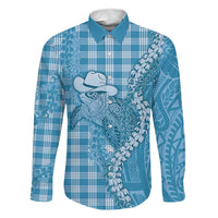 Blue Hawaii Palaka Cowboy Turtle Family Matching Off The Shoulder Long Sleeve Dress and Hawaiian Shirt Hawaiian Paniolo Puakenikeni Maile Lei DT05 Dad's Shirt - Long Sleeve Blue - Polynesian Pride