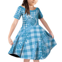 Blue Hawaii Palaka Cowboy Turtle Family Matching Off Shoulder Short Dress and Hawaiian Shirt Hawaiian Paniolo Puakenikeni Maile Lei DT05 Daughter's Dress Blue - Polynesian Pride