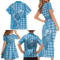 Blue Hawaii Palaka Cowboy Turtle Family Matching Short Sleeve Bodycon Dress and Hawaiian Shirt Hawaiian Paniolo Puakenikeni Maile Lei DT05 - Polynesian Pride