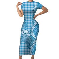 Blue Hawaii Palaka Cowboy Turtle Family Matching Short Sleeve Bodycon Dress and Hawaiian Shirt Hawaiian Paniolo Puakenikeni Maile Lei DT05 Mom's Dress Blue - Polynesian Pride