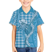 Blue Hawaii Palaka Cowboy Turtle Family Matching Short Sleeve Bodycon Dress and Hawaiian Shirt Hawaiian Paniolo Puakenikeni Maile Lei DT05 Son's Shirt Blue - Polynesian Pride