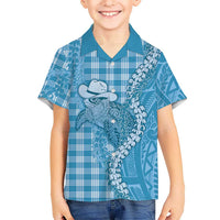 Blue Hawaii Palaka Cowboy Turtle Kid Hawaiian Shirt Hawaiian Paniolo Puakenikeni Maile Lei DT05 Kid Blue - Polynesian Pride