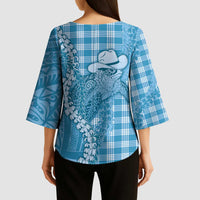 Blue Hawaii Palaka Cowboy Turtle Kimono Sleeve Blouse Hawaiian Paniolo Puakenikeni Maile Lei - Polynesian Pride