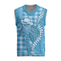 Blue Hawaii Palaka Cowboy Turtle Christmas Knitted V-Neck Vest Hawaiian Paniolo Puakenikeni Maile Lei - Polynesian Pride