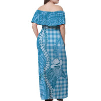 Blue Hawaii Palaka Cowboy Turtle Off Shoulder Maxi Dress Hawaiian Paniolo Puakenikeni Maile Lei - Polynesian Pride