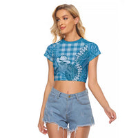 Blue Hawaii Palaka Cowboy Turtle Raglan Cropped T Shirt Hawaiian Paniolo Puakenikeni Maile Lei DT05 Female Blue - Polynesian Pride