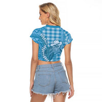 Blue Hawaii Palaka Cowboy Turtle Raglan Cropped T Shirt Hawaiian Paniolo Puakenikeni Maile Lei DT05 - Polynesian Pride